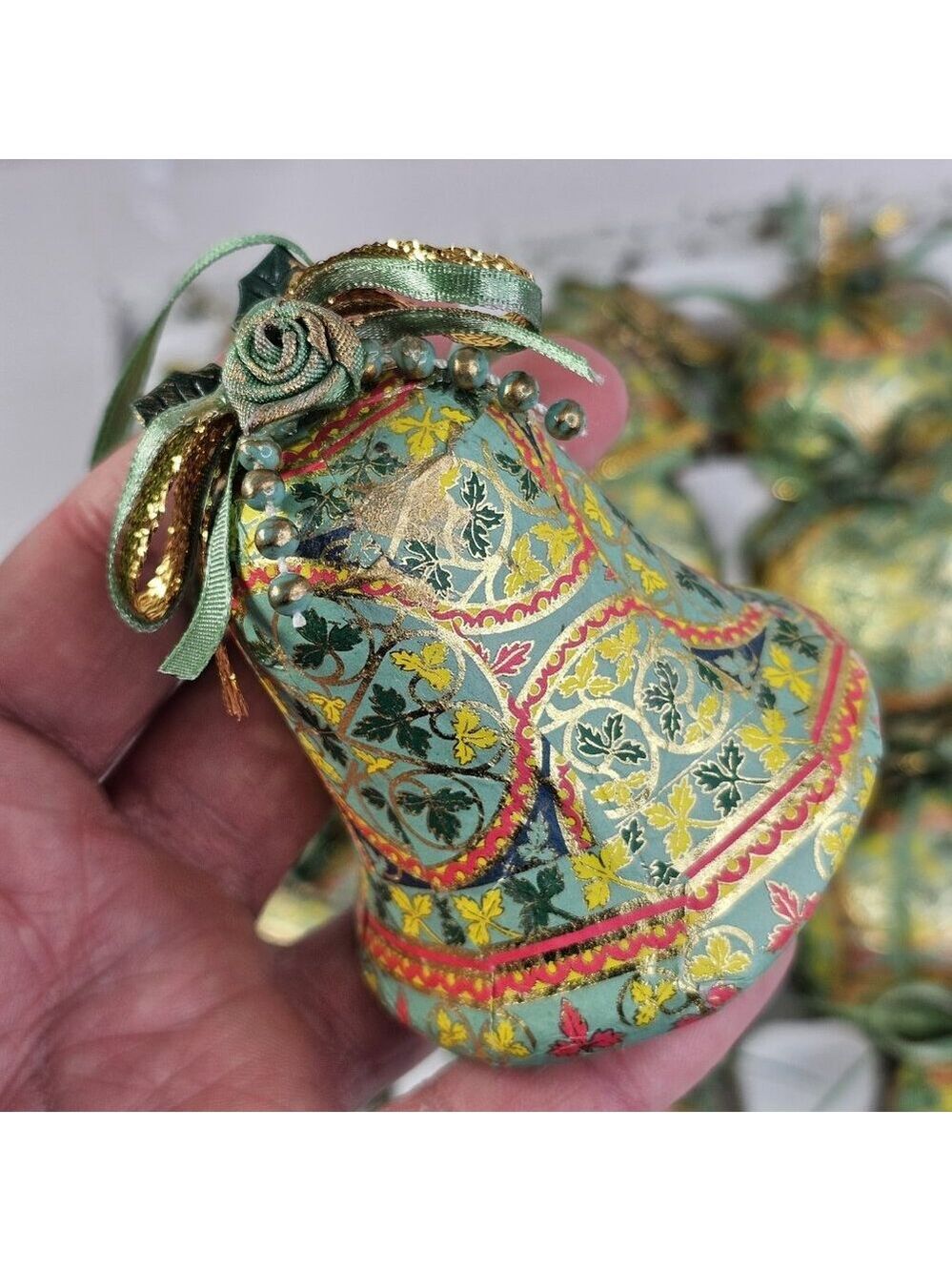 Christmas Ornament Set Paper Mache Bell, Round, And Hearts 12pcs Gold Green Etc - Picture 2 of 9